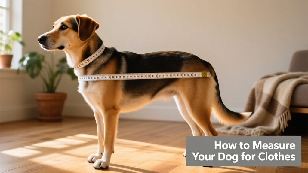 Side-view illustration showing correct placement of measuring tape for neck, chest, and length measurements on a standing dog