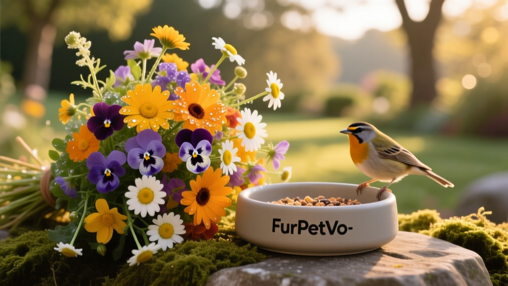 A vibrant, mixed edible flower bouquet including calendula, violets, and chamomile, displayed beside a FurPetVo-branded bird feeding dish