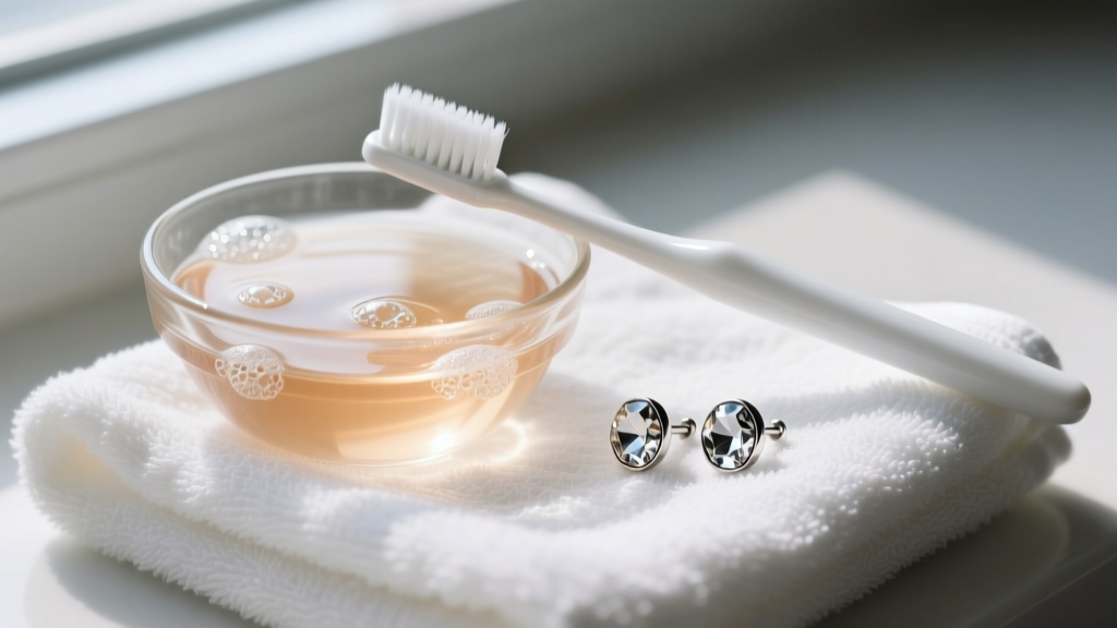 Glass bowl of warm soapy water, soft toothbrush, and tarnished silver crystal stud earrings resting on a clean white cotton towel.