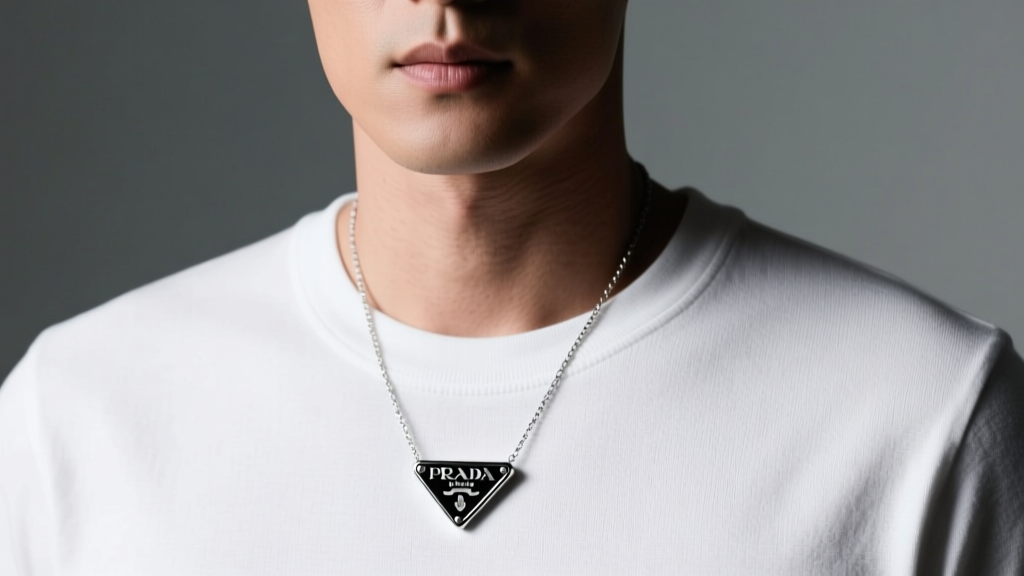 Close-up of a man wearing a black enamel Prada triangle pendant on a silver chain over a white t-shirt, studio lighting.
