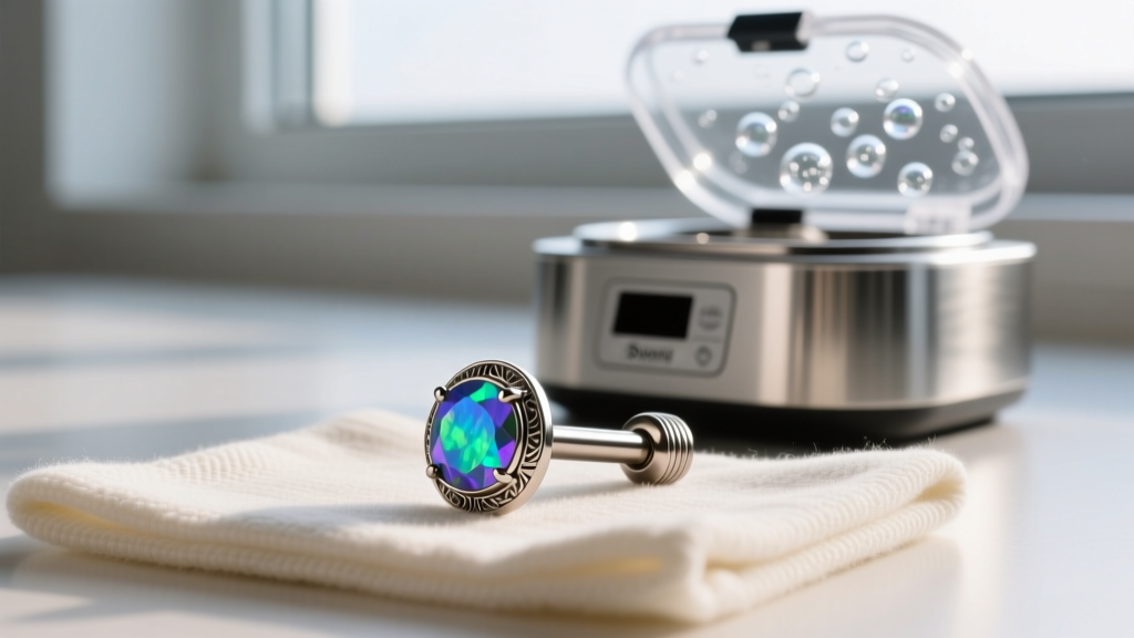 Macro shot of an 18-gauge titanium labret stud with a bezel-set opal on a microfiber cloth beside a stainless ultrasonic cleaner.