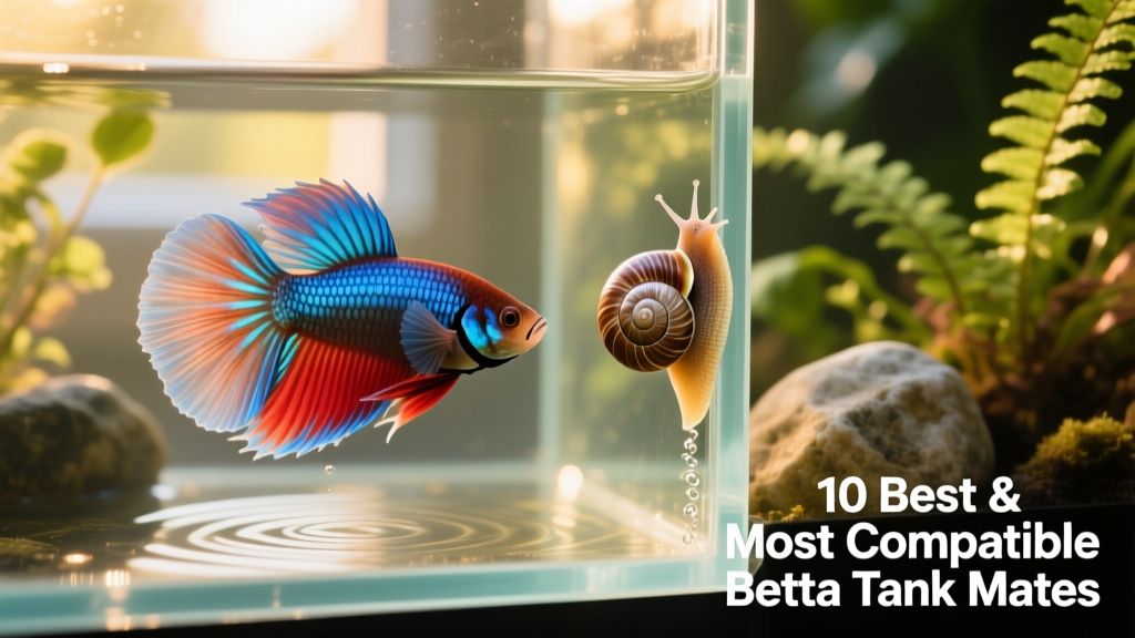 A vibrant betta fish swimming peacefully near a mystery snail on aquarium glass