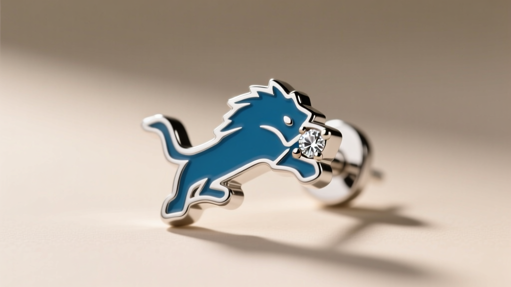 Macro shot of a minimalist Detroit Lions horse logo stud earring in rhodium-plated sterling silver with a single pave diamond accent.