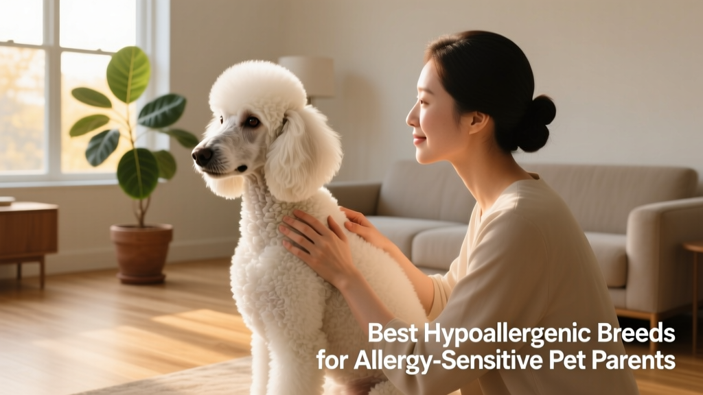 A calm, well-groomed Poodle sitting beside a person with gentle hands resting on its back
