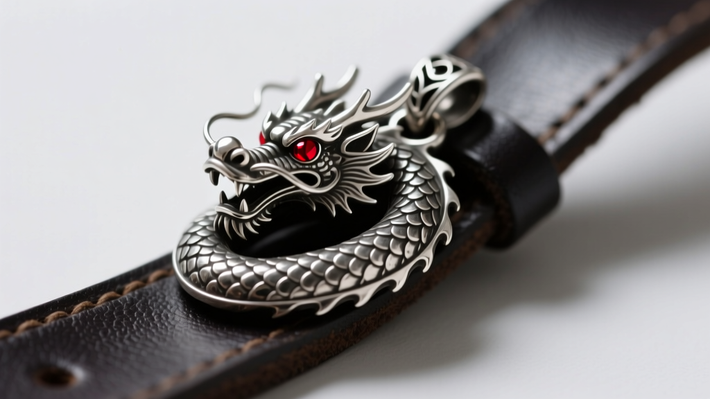 Oxidized sterling silver dragon pendant on dark leather, highlighting intricate scale textures and red gemstone eyes in soft light