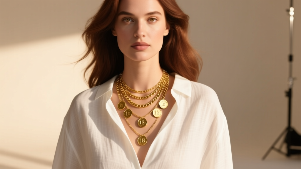 Woman wearing layered golden coin necklaces over a white linen blouse, featuring 16-inch and 18-inch delicate box chains.