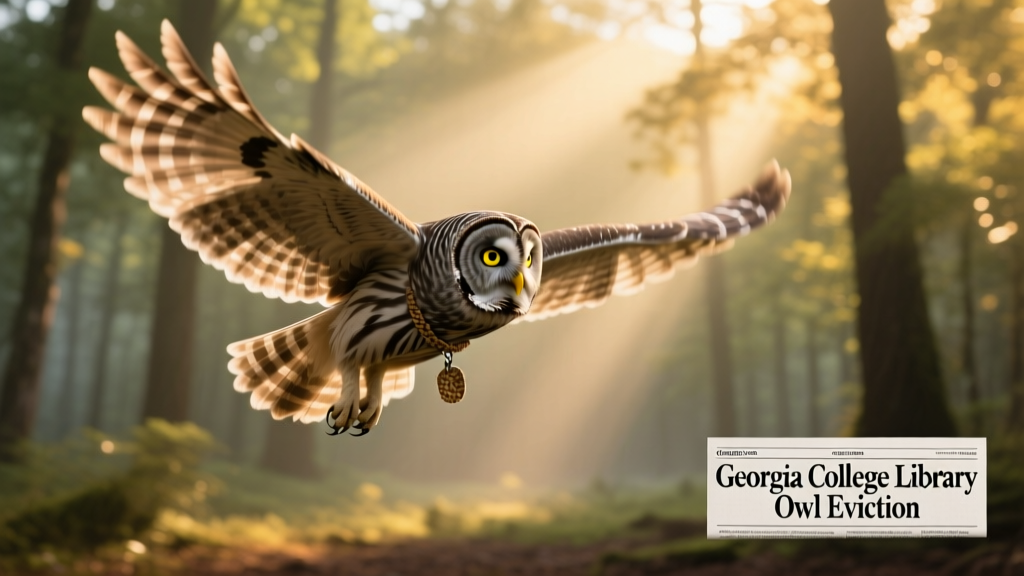 A barred owl in flight against a soft woodland background