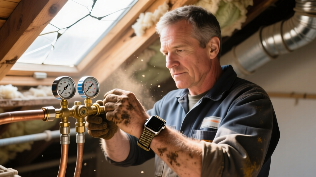 HVAC technician in a dusty attic checking a rugged smartwatch with a Kevlar band while holding copper tubing and manifold gauges