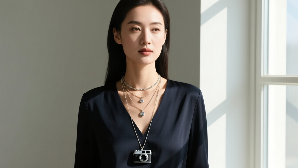 Woman wearing layered necklaces with a discreet camera pendant on a box chain over a dark V-neck blouse in natural daylight.