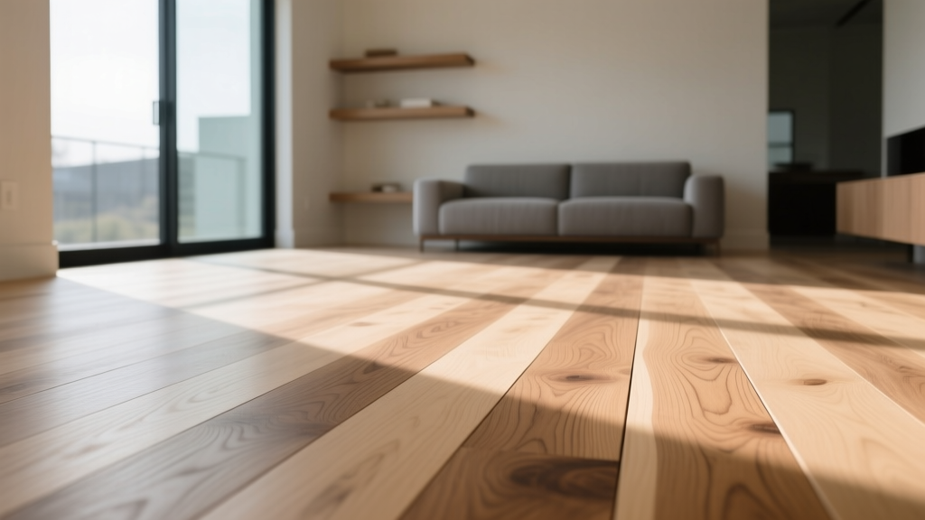 Close-up of quartersawn white oak hardwood flooring planks with a matte hardwax oil finish installed in a sunlit modern living room
