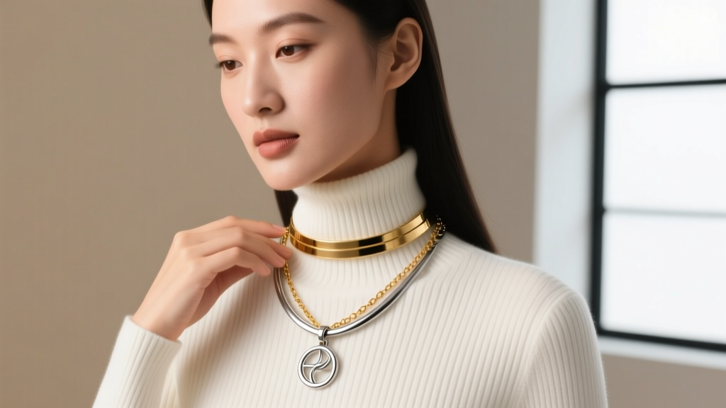 Fan layering a 20-inch steel telepath pendant necklace with a delicate 16-inch gold choker over a white ribbed turtleneck sweater