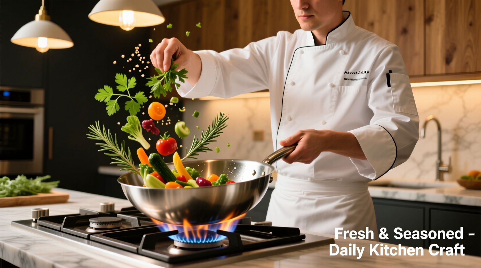 Chef seasoning vegetables with fresh herbs