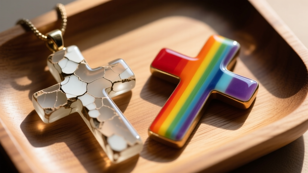 Macro shot of a chipped epoxy resin cross pendant beside a flawless vitreous enamel rainbow cross on a wooden jeweler's workbench.