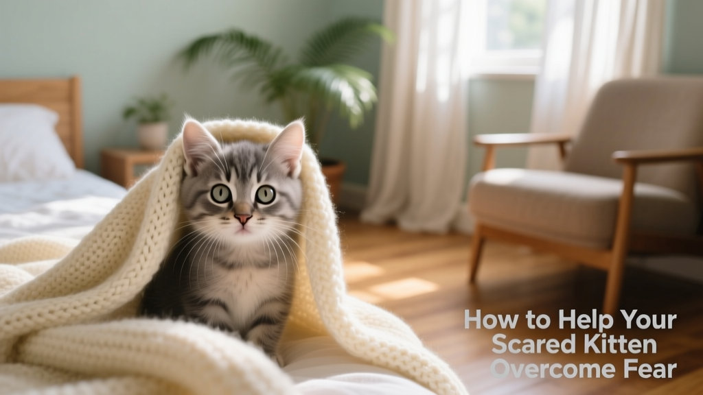 A small, wide-eyed kitten peeking out from behind a soft blanket in a quiet room