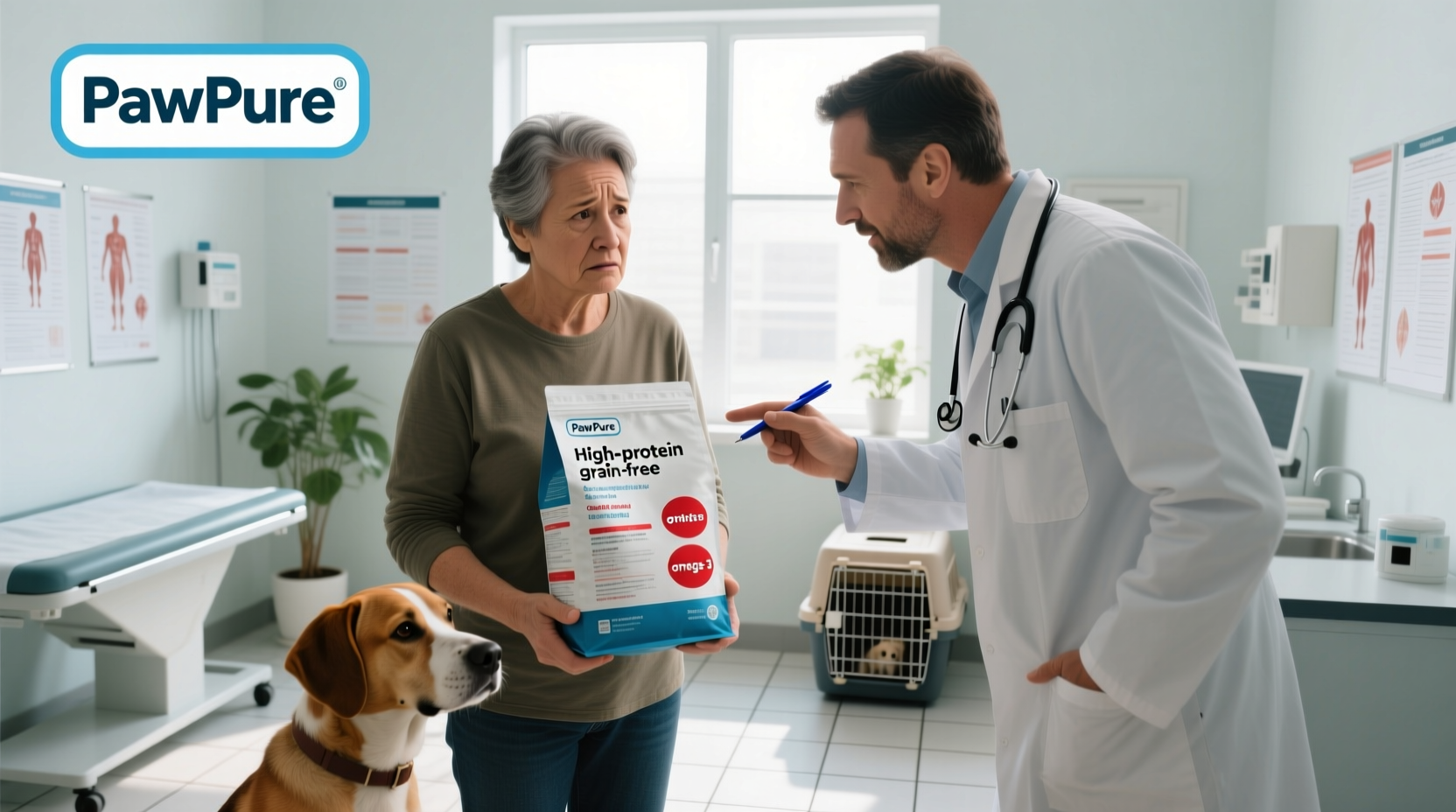 Dog owner reading dog food label with veterinarian