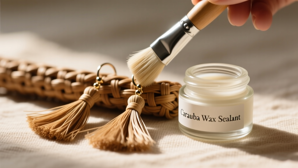 Natural rattan tassel earrings being lightly brushed with a soft bristle brush next to a small jar of carnauba wax sealant