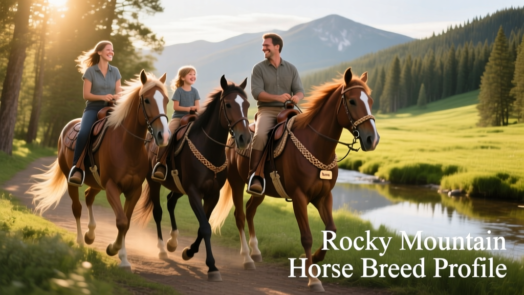 A family enjoying a peaceful trail ride on matched Rocky Mountain Horses, smiling and relaxed