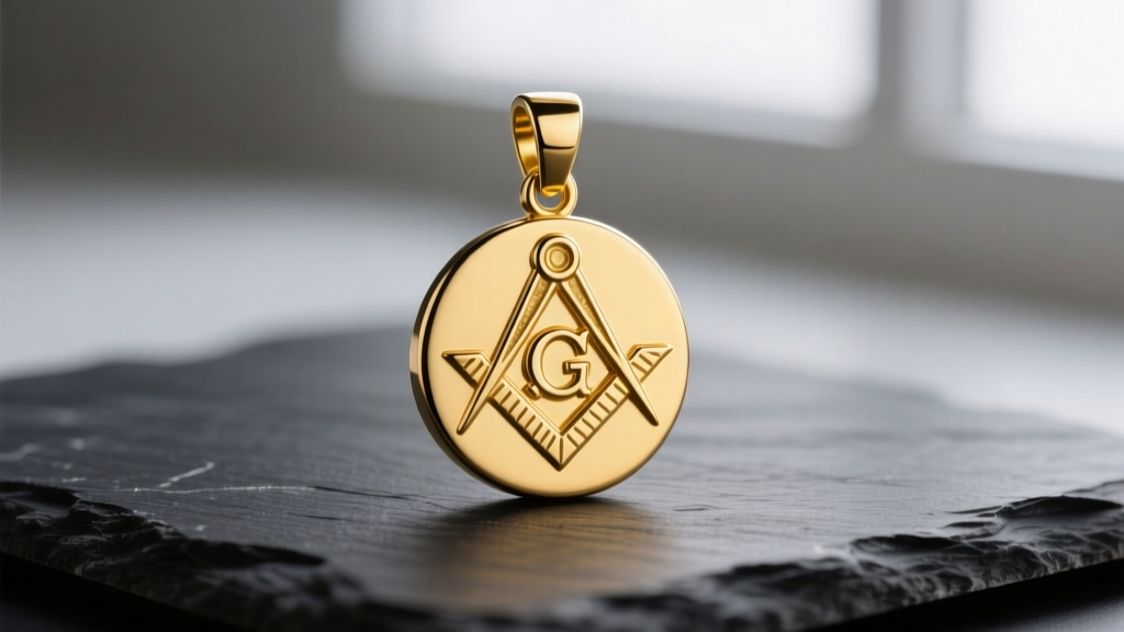 Macro shot of a polished 14k yellow gold Masonic necklace pendant with Square and Compasses symbol resting on dark slate