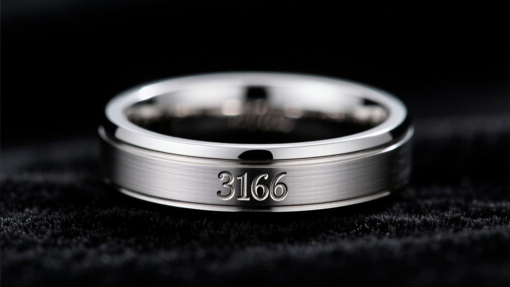 Macro shot of a 316L hallmark stamped inside a polished stainless steel ring, lit by soft studio lighting on dark velvet.