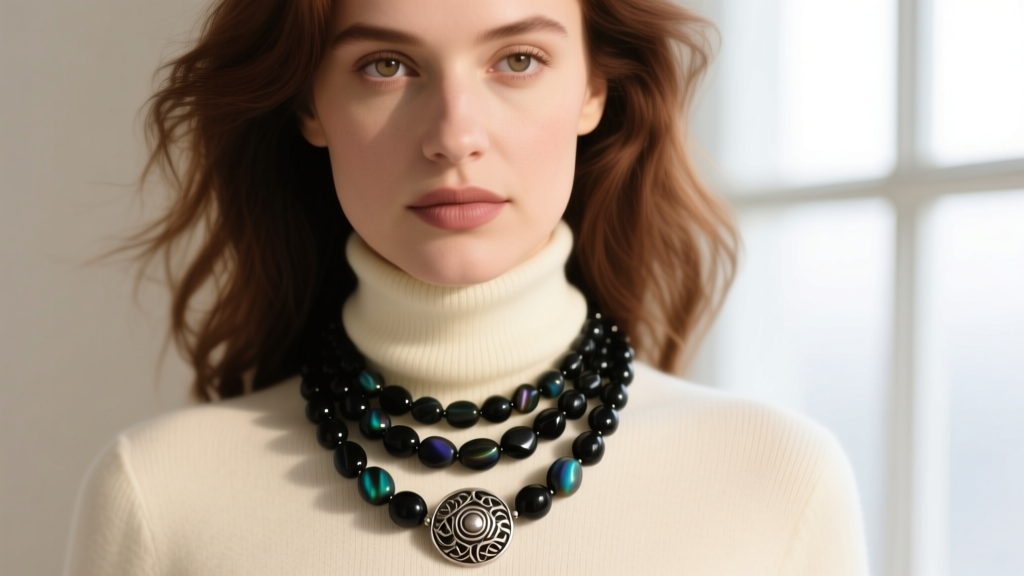 Close-up of a woman wearing a layered black agate bead necklace with an oxidized silver clasp against a cream turtleneck sweater
