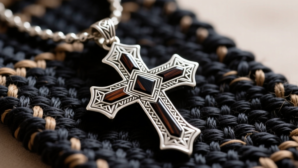 Handcrafted Tuareg silver Cross of Agadez pendant with ebony wood inlay and geometric engravings resting on a dark woven textile.