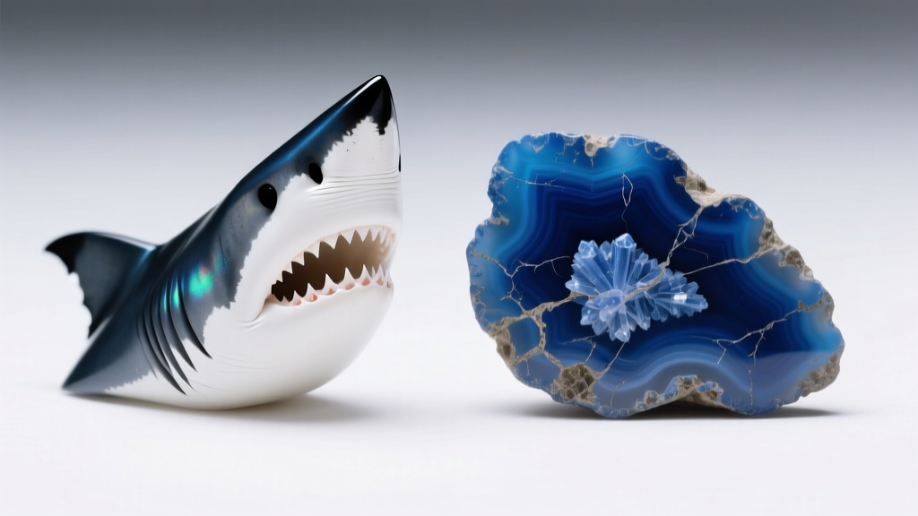 Macro shot comparing a stark white modern mako shark tooth with a deep blue fossilized agatized shark tooth under bright, neutral studio lighting.