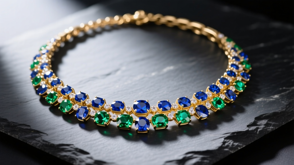 Overhead view of a gold necklace with colored stones featuring blue sapphires and green emeralds on a dark slate surface