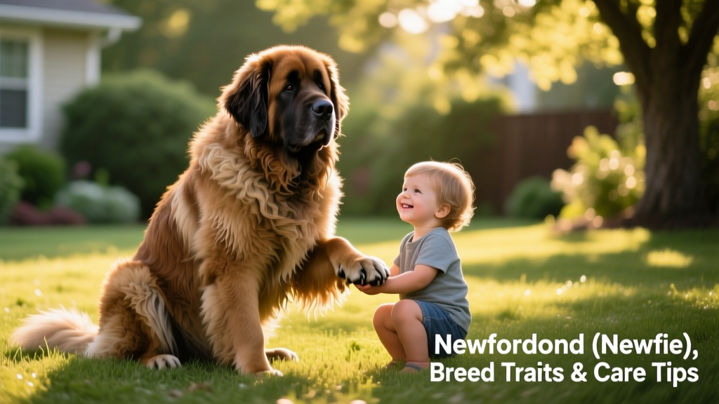 A well-trained adult Newfoundland gently holding a child's hand while sitting calmly on grass