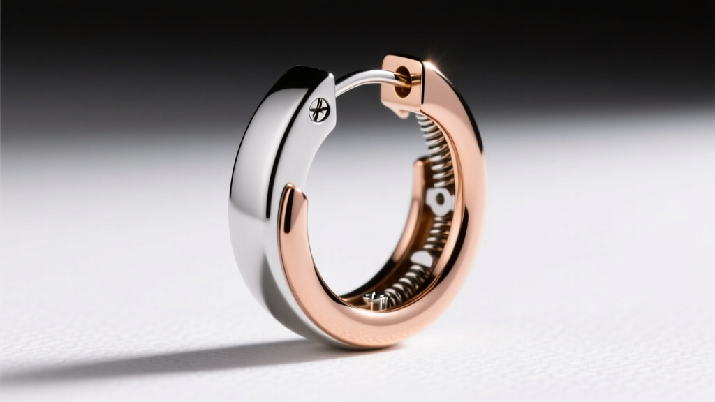 Side profile of an open 16-gauge two tone huggie earring revealing the internal spring-loaded European hinge and tension post.