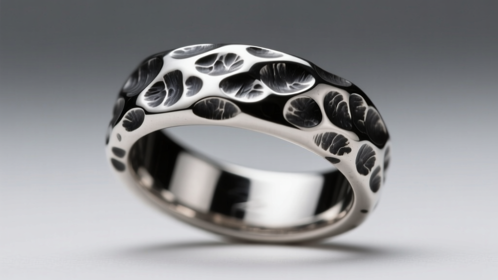 Close-up of a heavy 16-gauge recycled sterling silver ring with deep organic hammer textures and a dark oxidized patina