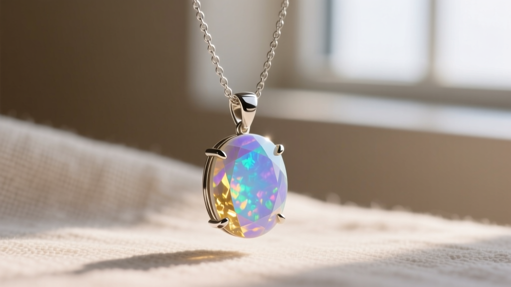 Side view of a prong-set opalite pendant on a chain, highlighting the stone