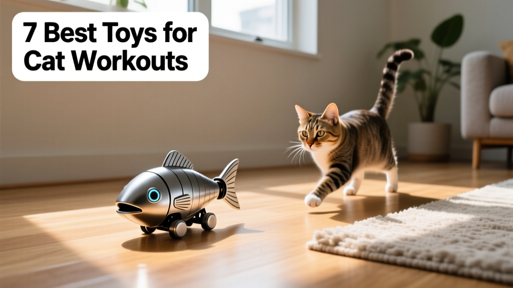 Small robotic fish-shaped toy rolling across hardwood floor, with a cat closely following