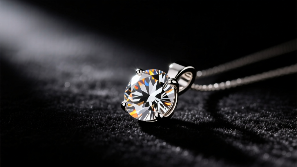 A 5 carat round brilliant diamond pendant on dark velvet, illuminated by a warm spotlight highlighting its fiery platinum setting.