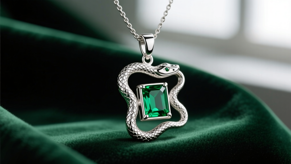 Macro shot of a sterling silver Slytherin necklace pendant with a serpentine motif and bezel-set emerald on dark green velvet
