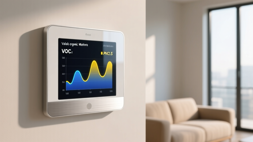 Wall-mounted smart home control panel showing real-time VOC and particulate matter graphs generated from integrated lab-grade sensors.