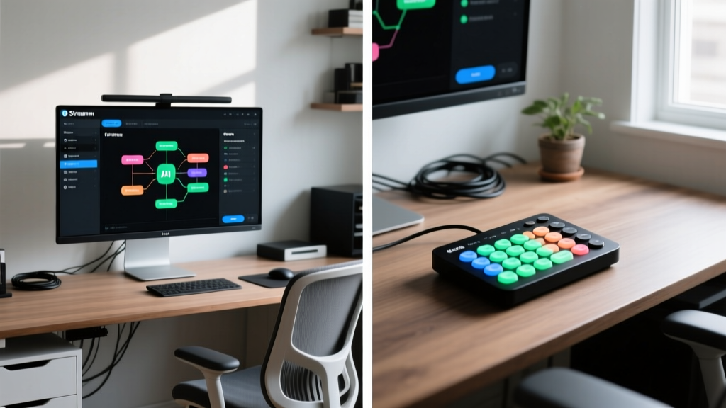 Split screen showing the Stream Deck software interface mapping API endpoints to physical buttons for a home office setup.