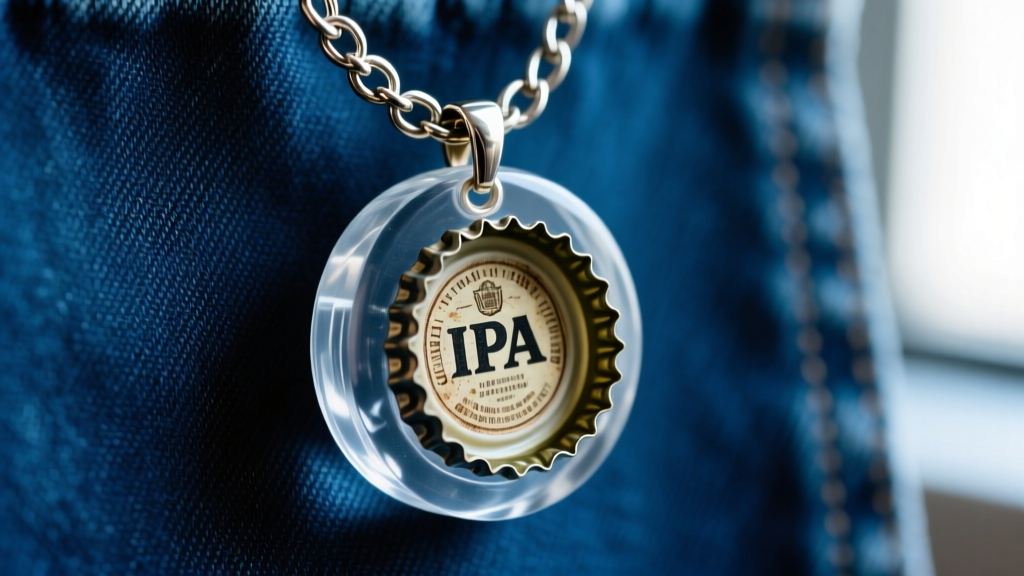 Macro shot of a vintage IPA beer cap necklace in clear epoxy resin on a steel curb chain against denim
