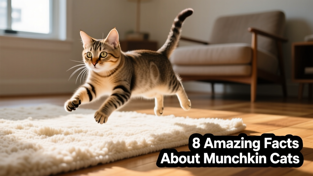 A playful Munchkin cat mid-pounce on a soft rug, showcasing its short legs and agile posture