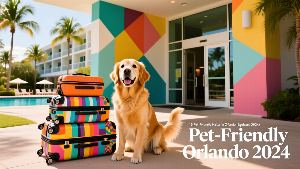 A cheerful dog sitting beside luggage outside a modern, colorful resort entrance