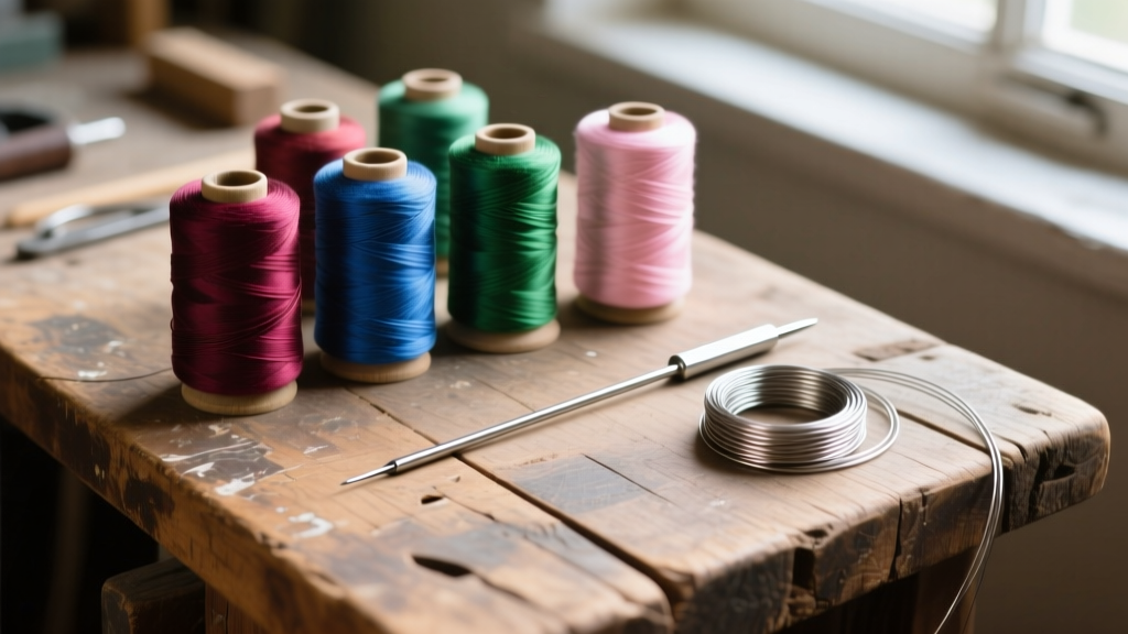 Overhead view of a restringing kit with spools of silk thread, a steel beading needle, and French wire on a rustic wooden work bench.