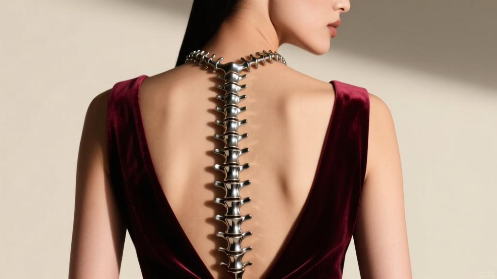Model wearing a back-draping spinal cord necklace with an open-back velvet dress, highlighting metallic vertebrae on bare skin