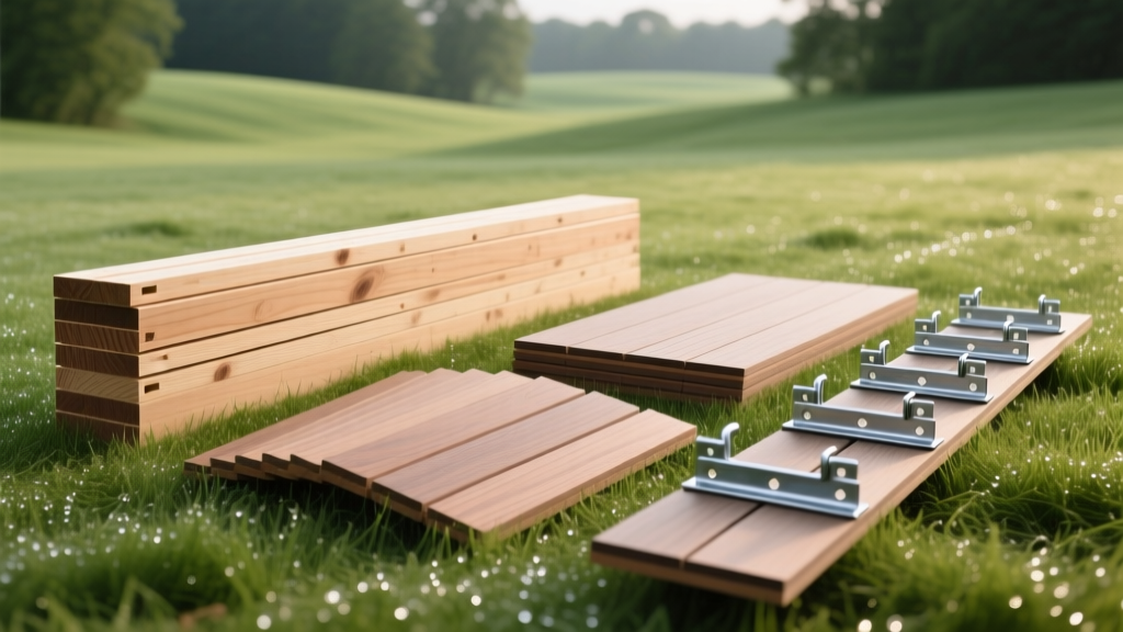 Piles of pressure-treated framing lumber, composite decking boards, and galvanized joist hangers laid on grass for deck construction