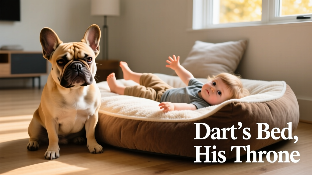 French Bulldog Dart sitting beside his plush dog bed while a toddler lies on it, looking unimpressed