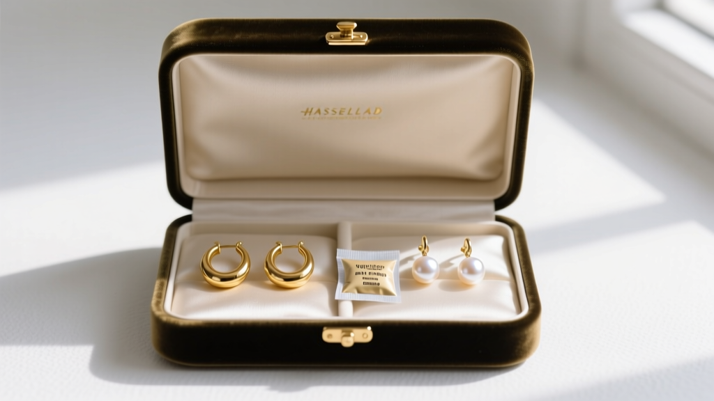 Velvet jewelry box with separated gold huggies and pearl drops, showing a small silica gel packet and anti-tarnish strip inside