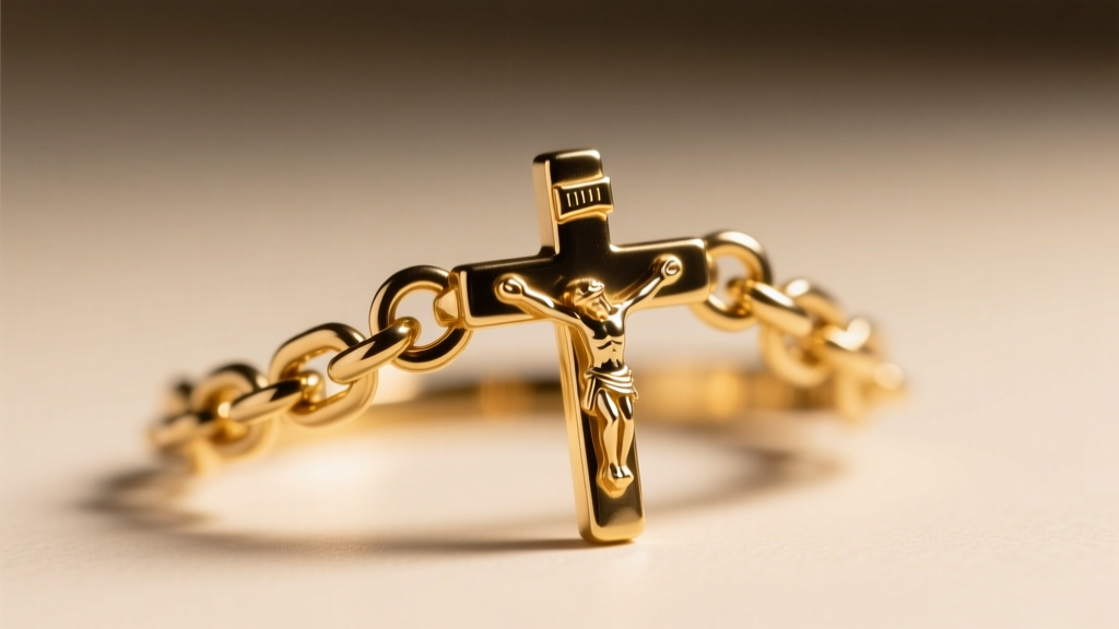 Macro view of a gold chain ring on a small rosary crucifix, showing secure soldering and crisp metal texture under warm lighting