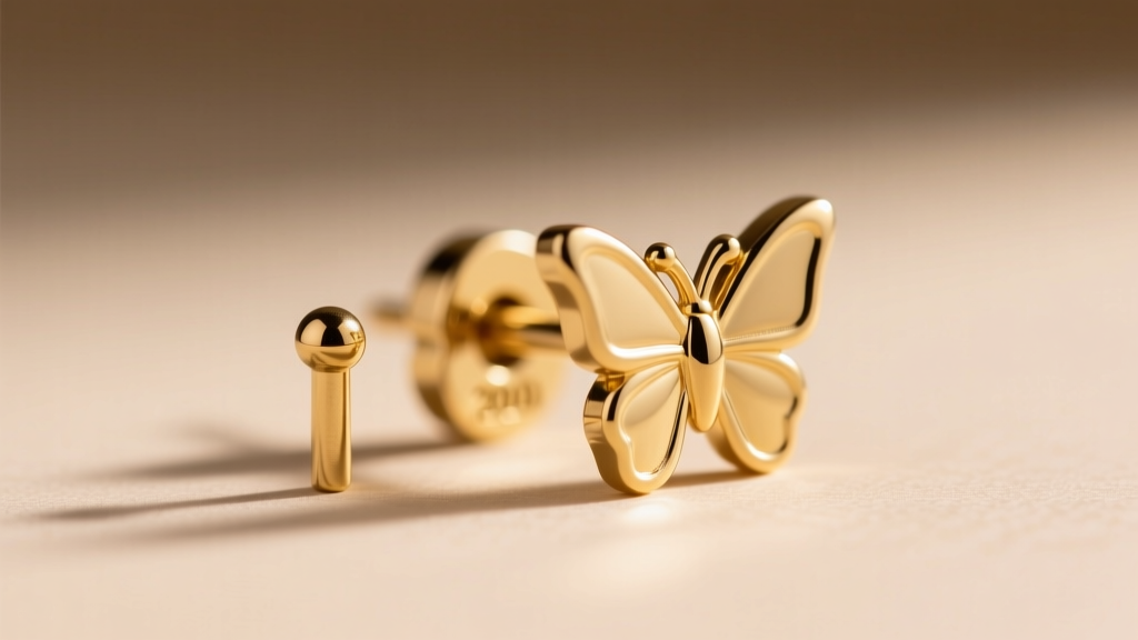Macro shot of a 20-gauge gold vermeil earring post and butterfly friction back clasp against a softly blurred neutral backdrop.