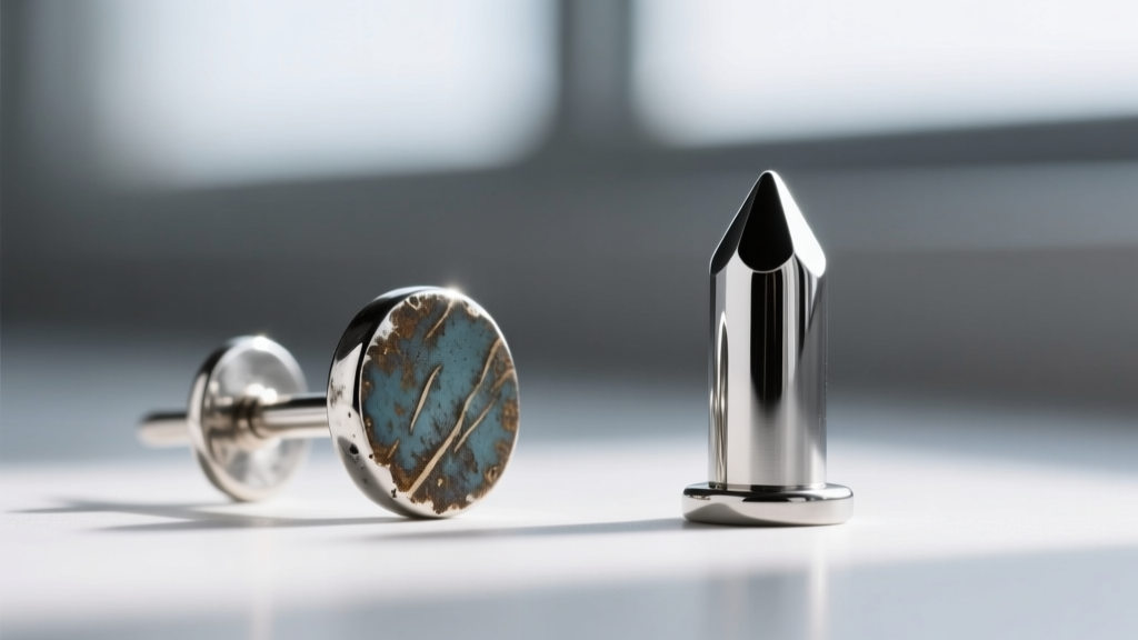 Macro photography comparing a tarnished sterling silver earring post next to a pristine, mirror-finish titanium labret post