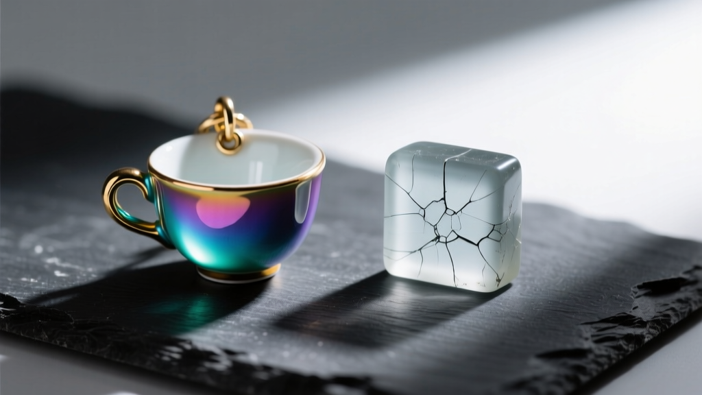 Macro shot comparing a vibrant vitreous enamel teacup charm next to a scratched cold resin replica on a dark slate surface.