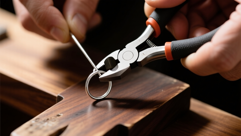 Close-up of hands using nylon jaw pliers to straighten a kinked 20-gauge half-hard sterling silver ear wire on a dark wood bench.
