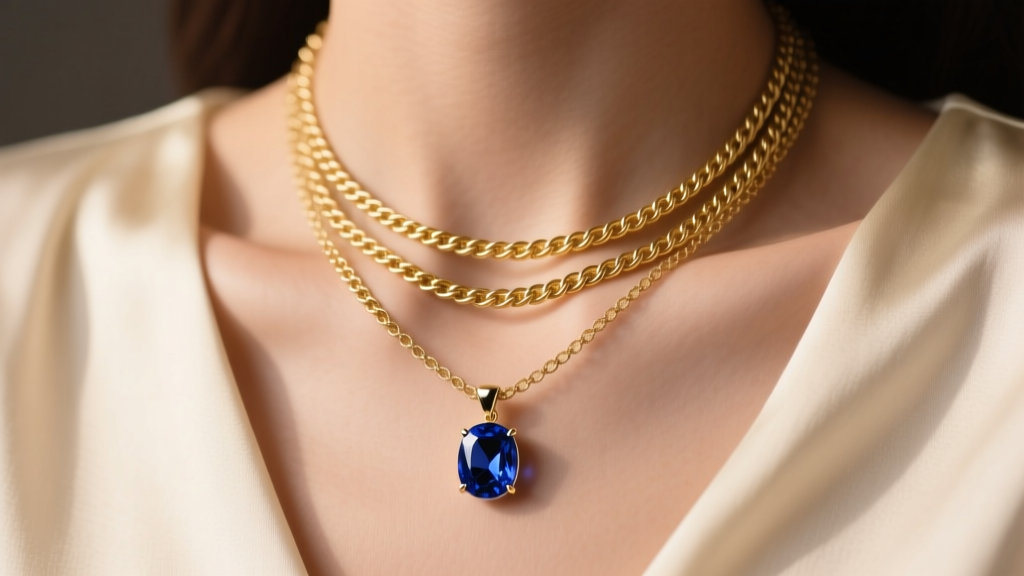 Close-up of collarbone wearing layered 14k gold rope chain and sapphire pendant against cream silk blouse in soft studio lighting